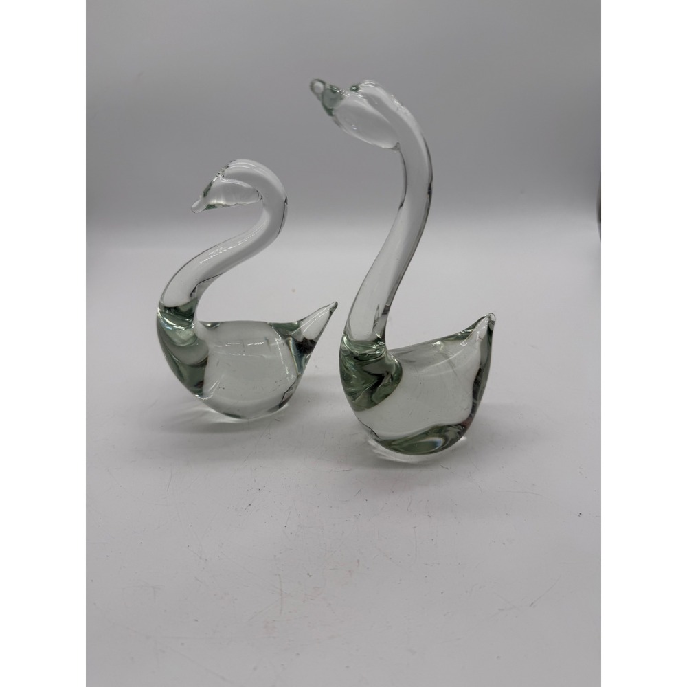 Vintage Hand Blown Glass Swan Figurines Clear Green Smoke Set of 2 Paperweights